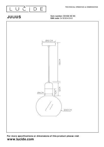 Lucide JULIUS - Pendelleuchten - Ø 40 cm - 1xE27 - Rauchfarbe Grau - TECHNISCH